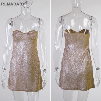 Bright Silk Diamond Women Mini Dress Low-Neck Sleeveless Backless Night Club Party Bodycon Dress